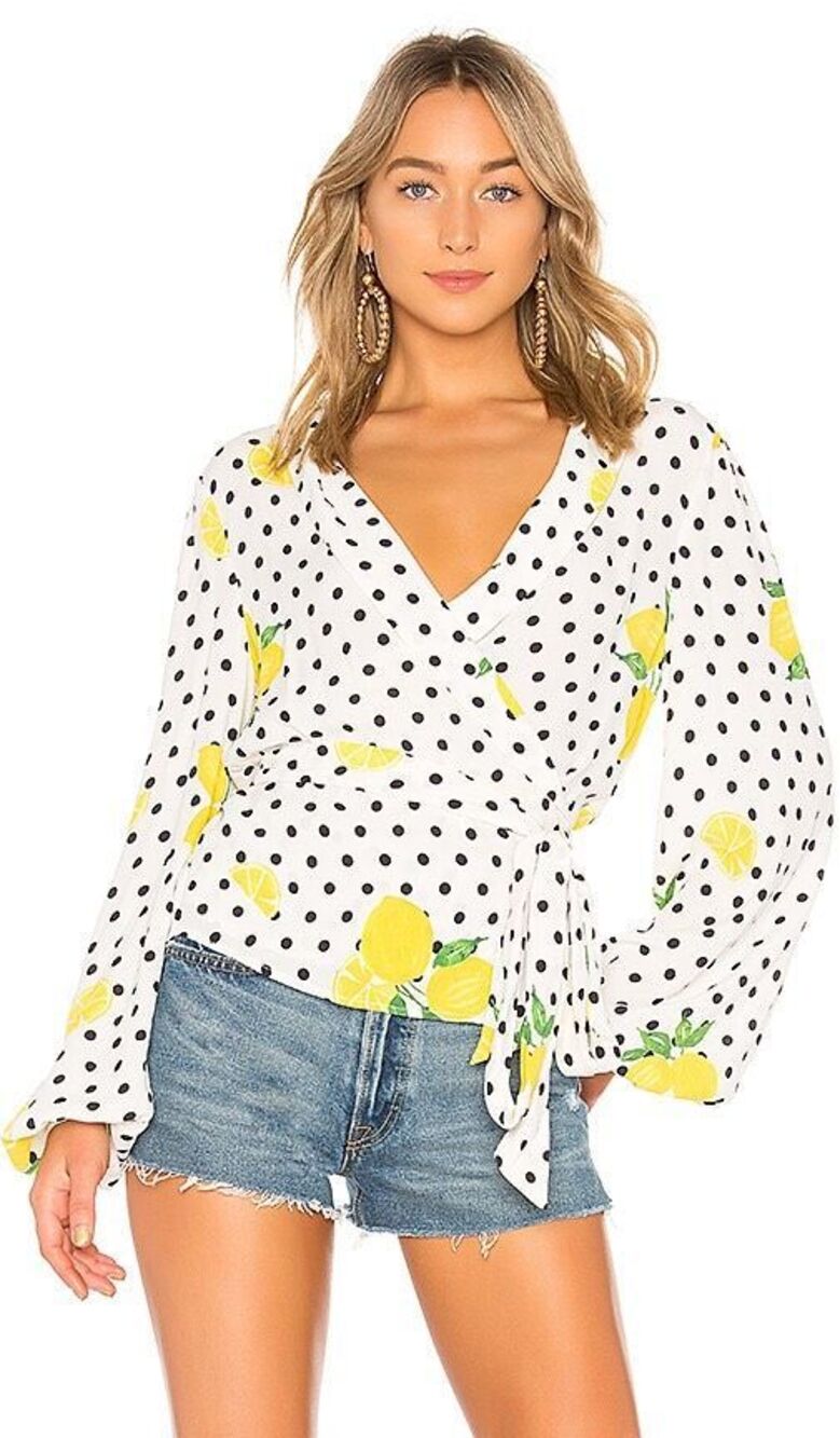 Lovers + Friends Mikayla Lemon Polka Dot Balloon Sleeve Wrap Blouse Size Small